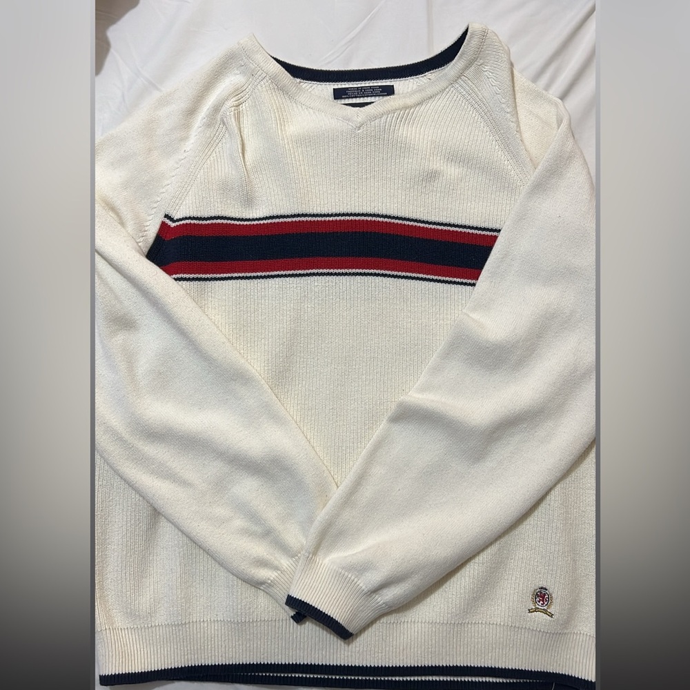Classic Cream Crewneck Sweater with Red and Black Accents